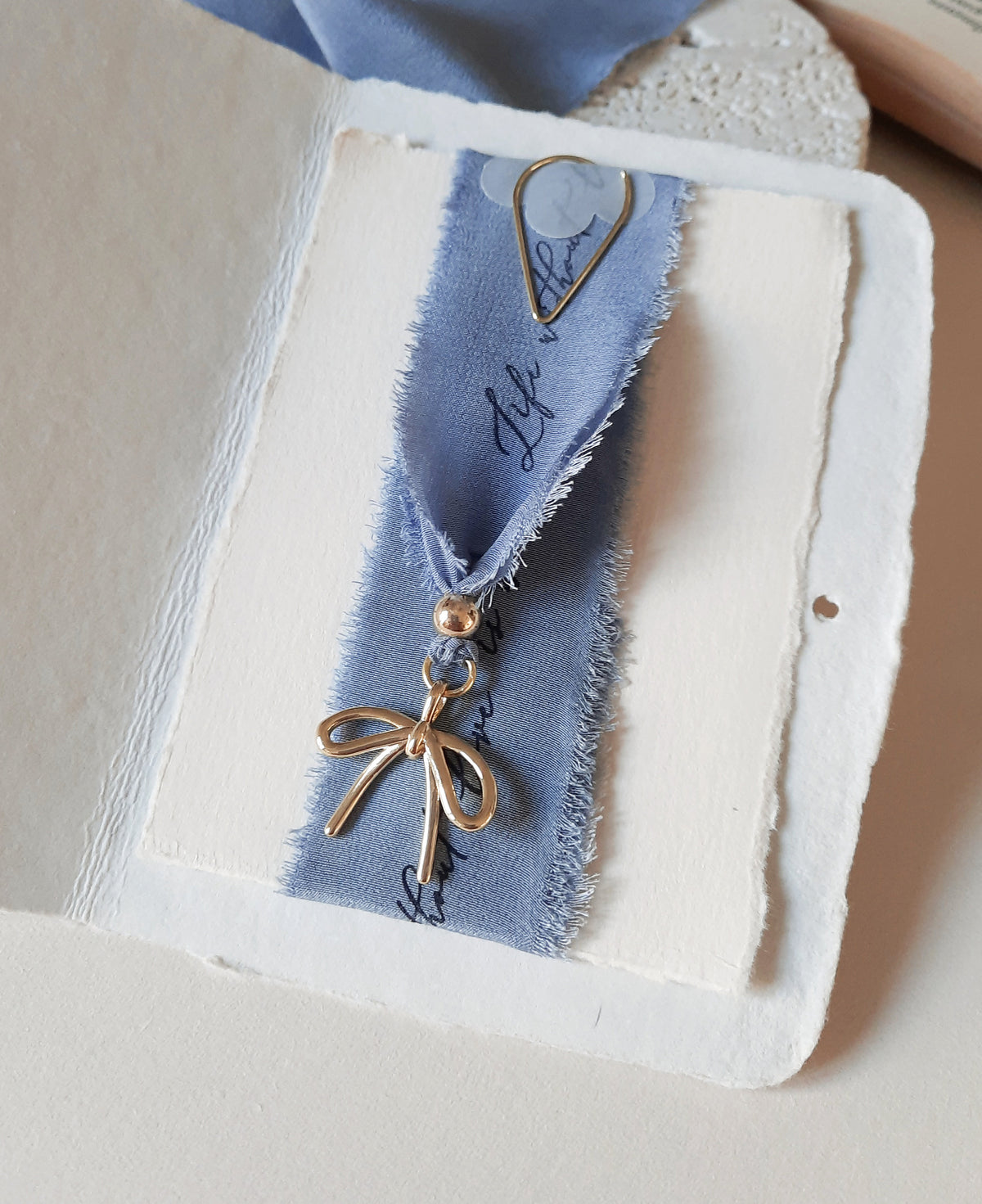 Personalized Silk Bookmark with Gold Bow Charm