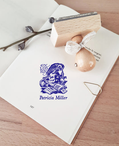 PERSONALIZED EX LIBRIS STAMP - Owl & Skull