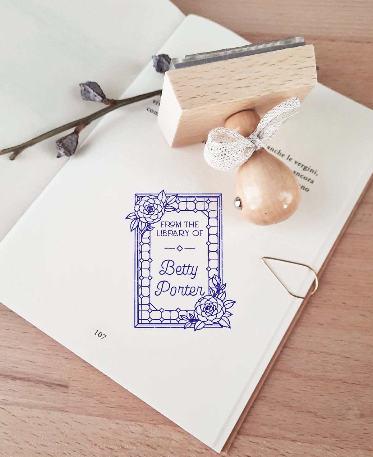 PERSONALIZED EX LIBRIS STAMP - Camellia Stained Glass Style