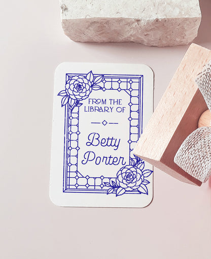 PERSONALIZED EX LIBRIS STAMP - Camellia Stained Glass Style