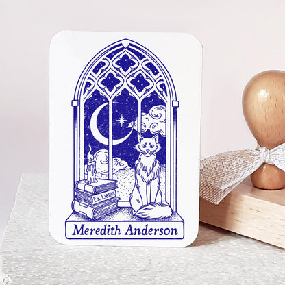 Personalize Gothic Window Book Stamp Medieval Cat Ex Libris Dark Academia Personal Library Bookplate Book Lovers Gift Idea