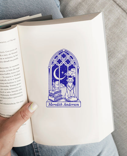 PERSONALIZED EX LIBRIS STAMP - Cat Gothic Window