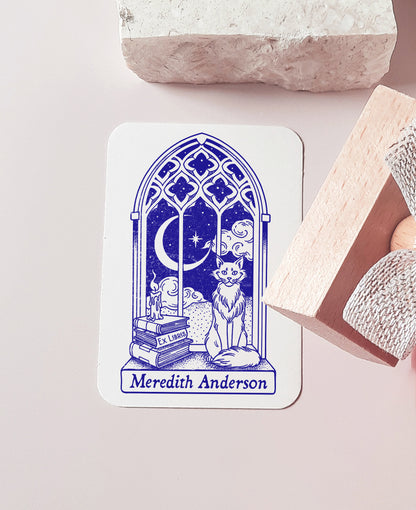 PERSONALIZED EX LIBRIS STAMP - Cat Gothic Window