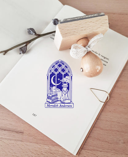 PERSONALIZED EX LIBRIS STAMP - Cat Gothic Window