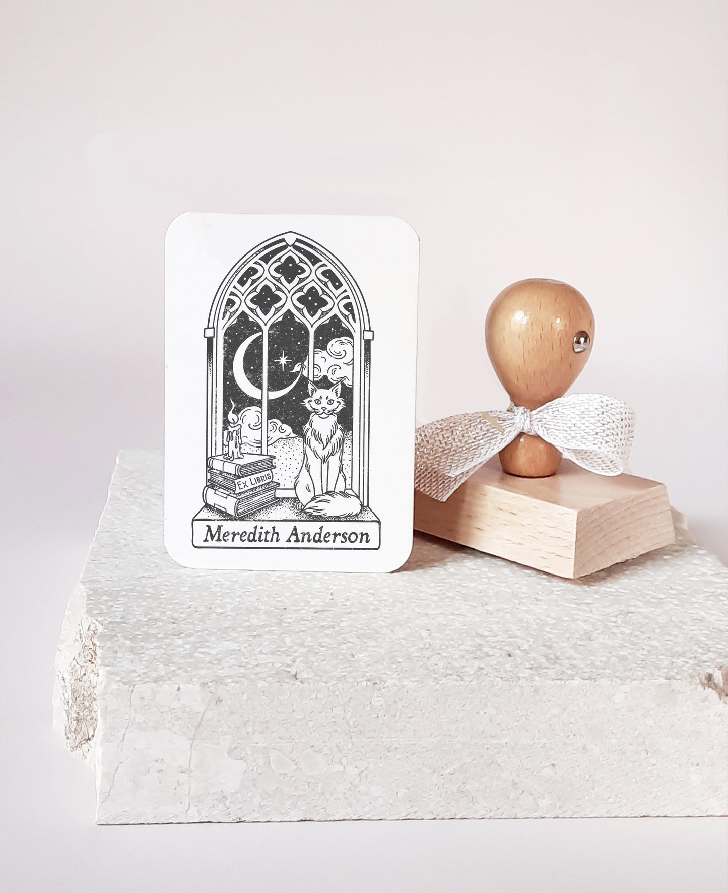PERSONALIZED EX LIBRIS STAMP - Cat Gothic Window