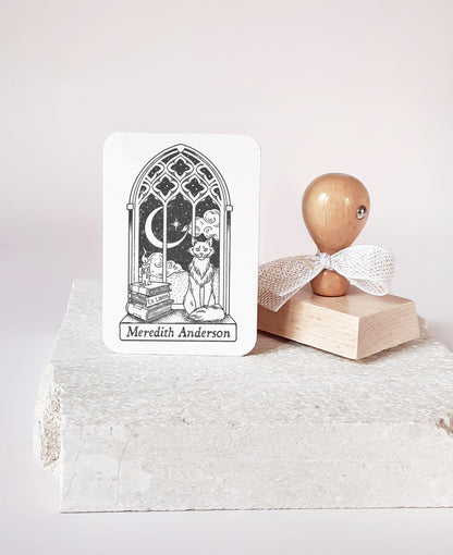 PERSONALIZED EX LIBRIS STAMP - Cat Gothic Window