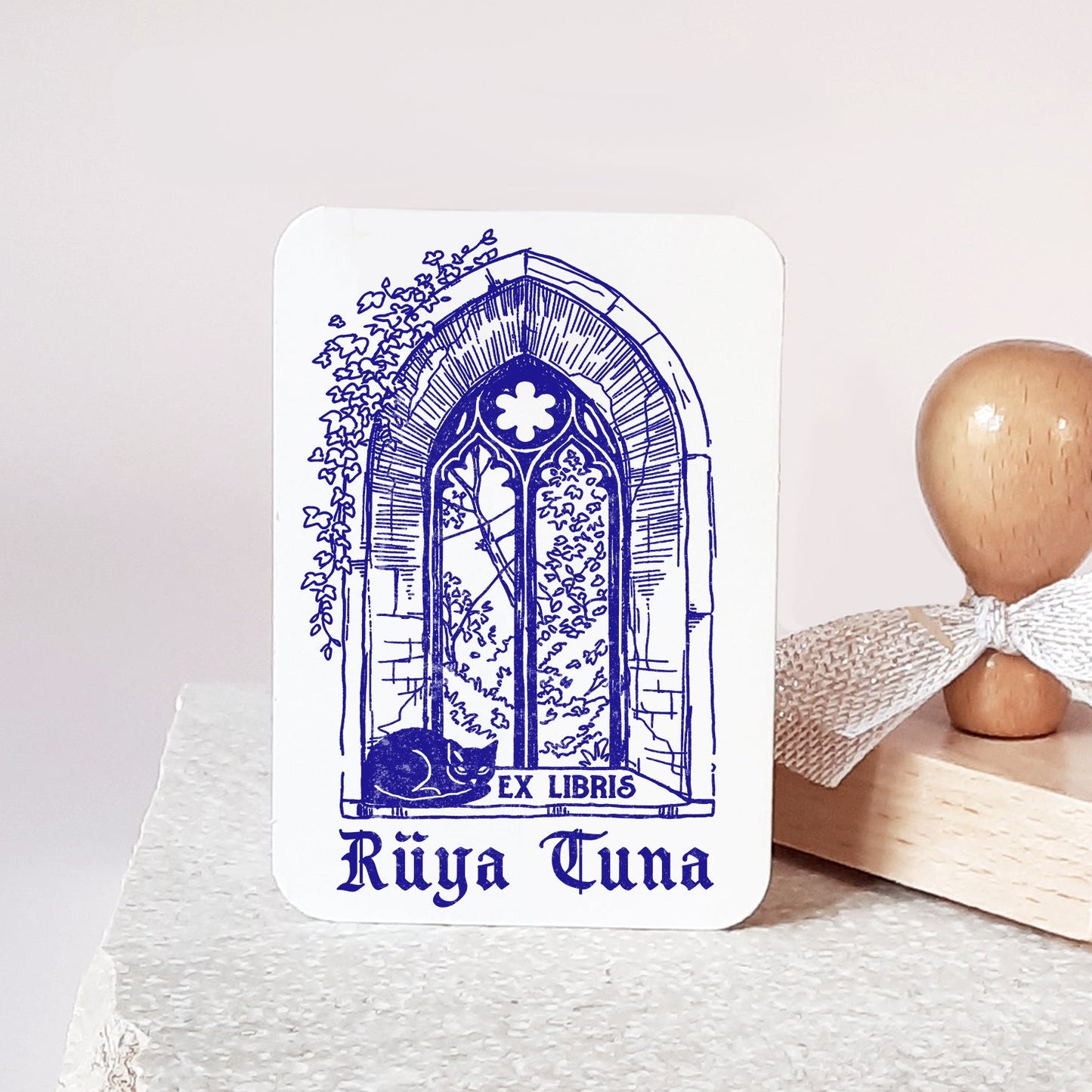 PERSONALIZED EX LIBRIS STAMP - Gothic Window & Cat