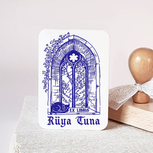 PERSONALIZED EX LIBRIS STAMP - Gothic Window & Cat