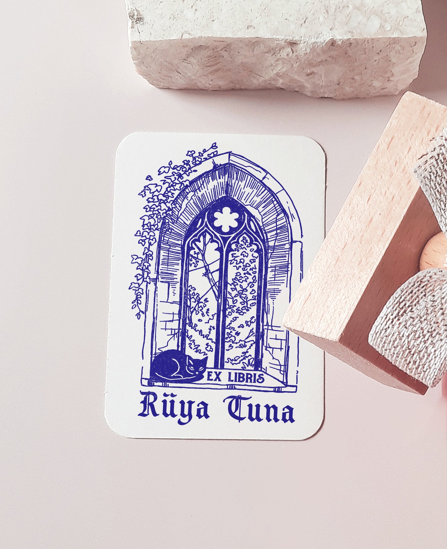PERSONALIZED EX LIBRIS STAMP - Gothic Window & Cat