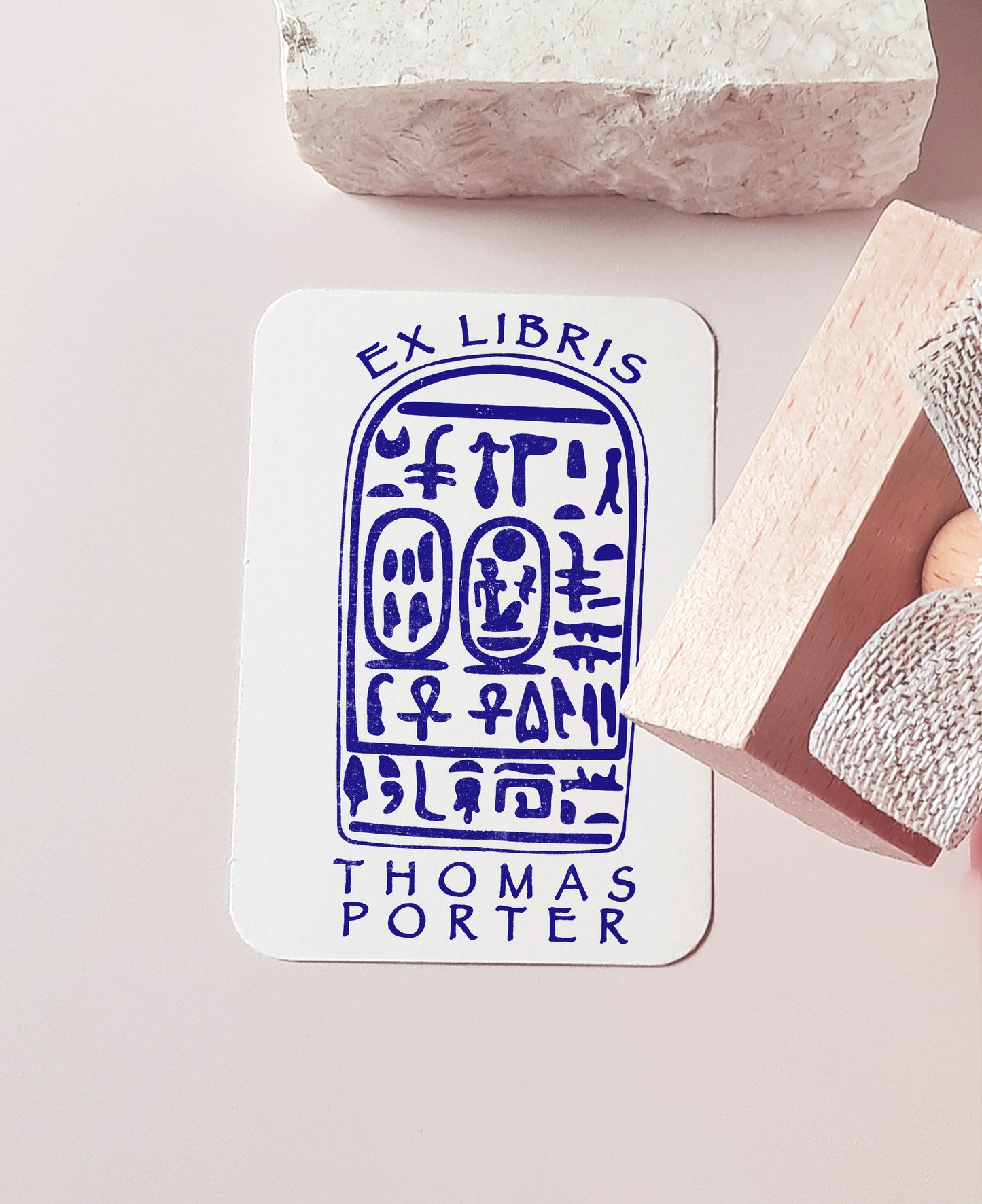 Amenhotep III custom bookplate stamp detail — handcrafted personalized library stamp inspired by Pharaoh Amenhotep III by La Booktique