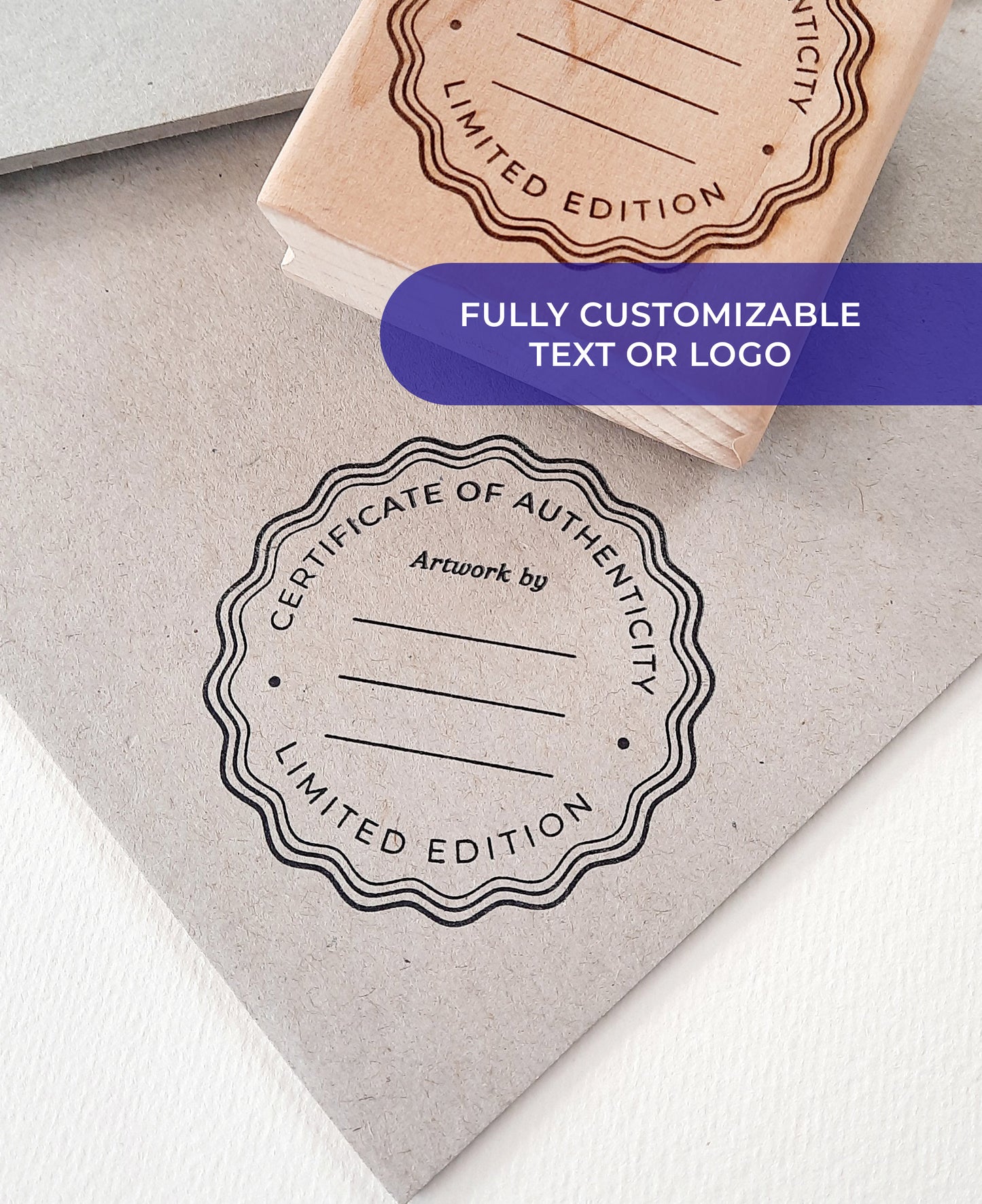 Custom Certificate of Authenticity rubber stamp impression on kraft paper — scalloped seal design by La Booktique