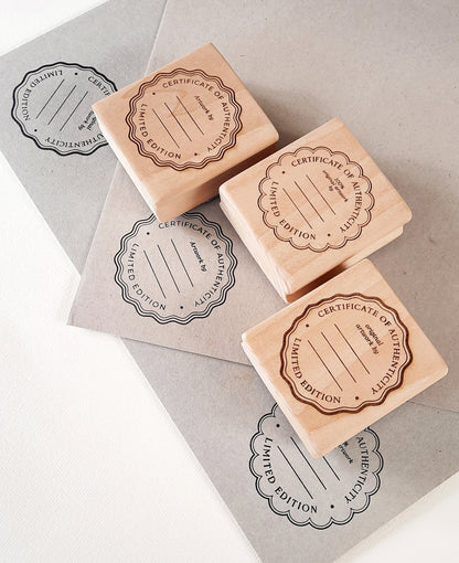Certificate of Authenticity rubber stamp size comparison — 2", 2.5", 3" available at La Booktique