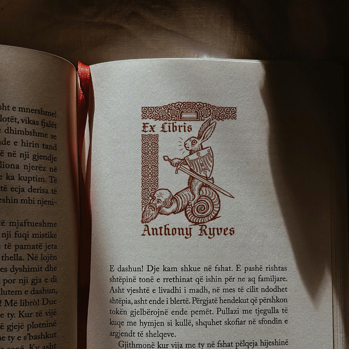 custom Ex Libris stamp featuring a Grotesque Medieval Illustration of a Knight Rabbit , raiding a human face snail