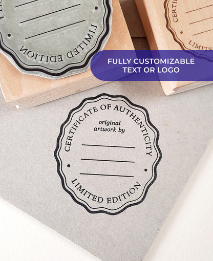Personalized Certificate of Authenticity rubber stamp with oval seal design — custom artist stamp with name or short text by La Booktique

