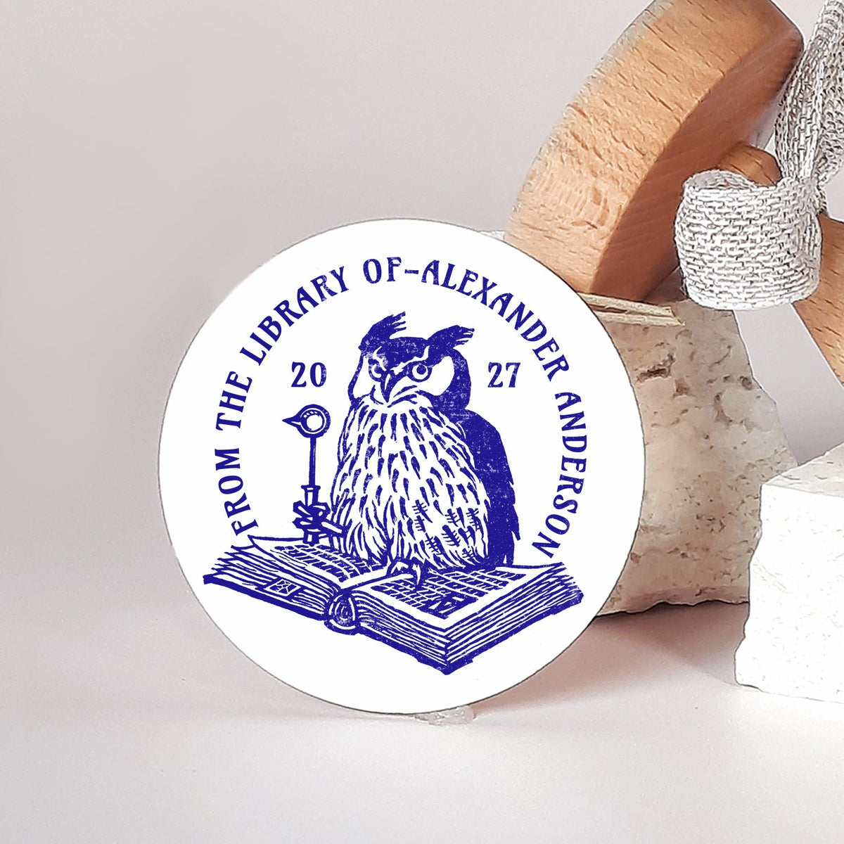 PERSONALIZED EX LIBRIS STAMP - Owl & Book
