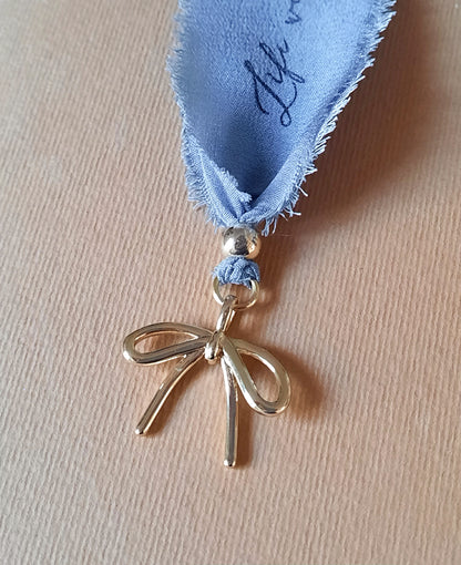 Personalized Silk Bookmark with Gold Bow Charm